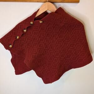 Orvis 100% Wool Burgundy Cable Knit Poncho Wrap Tortoise Buttons One Size